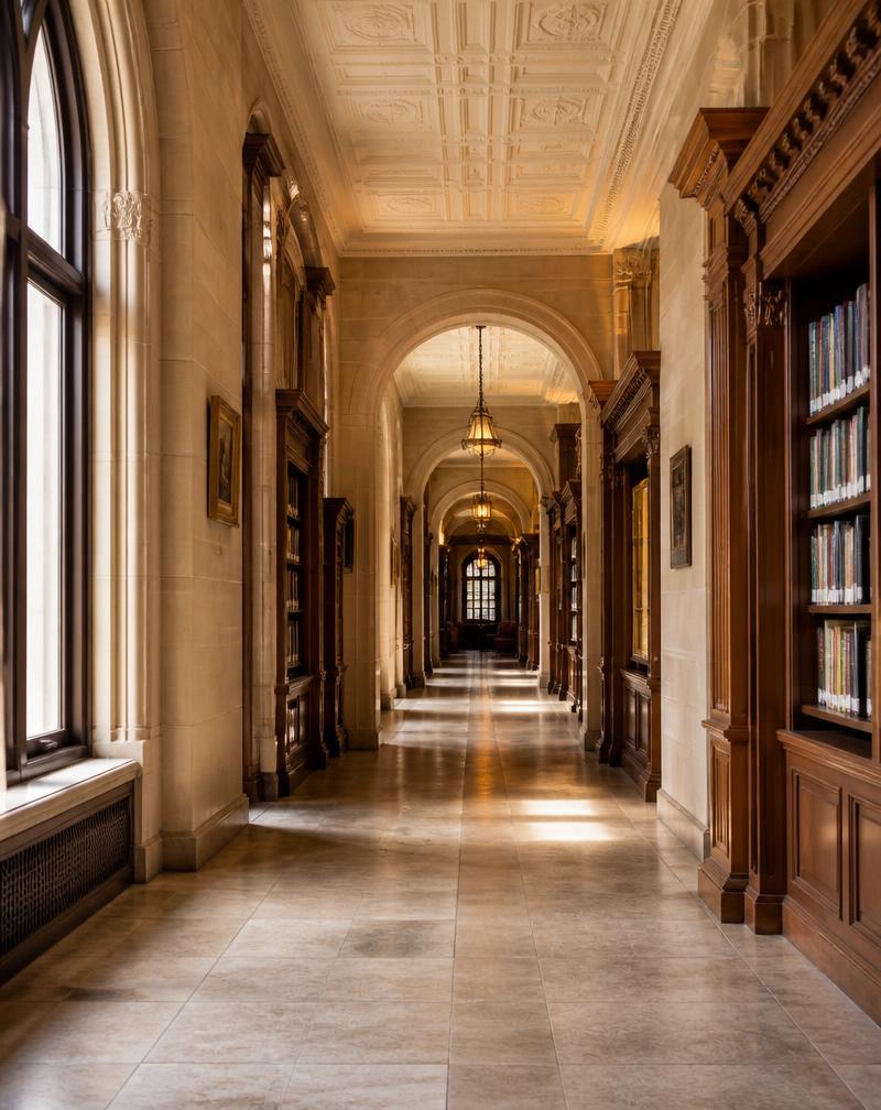 Corredor institucional com estantes de livros e luz natural, representando ambiente de estudo e conhecimento